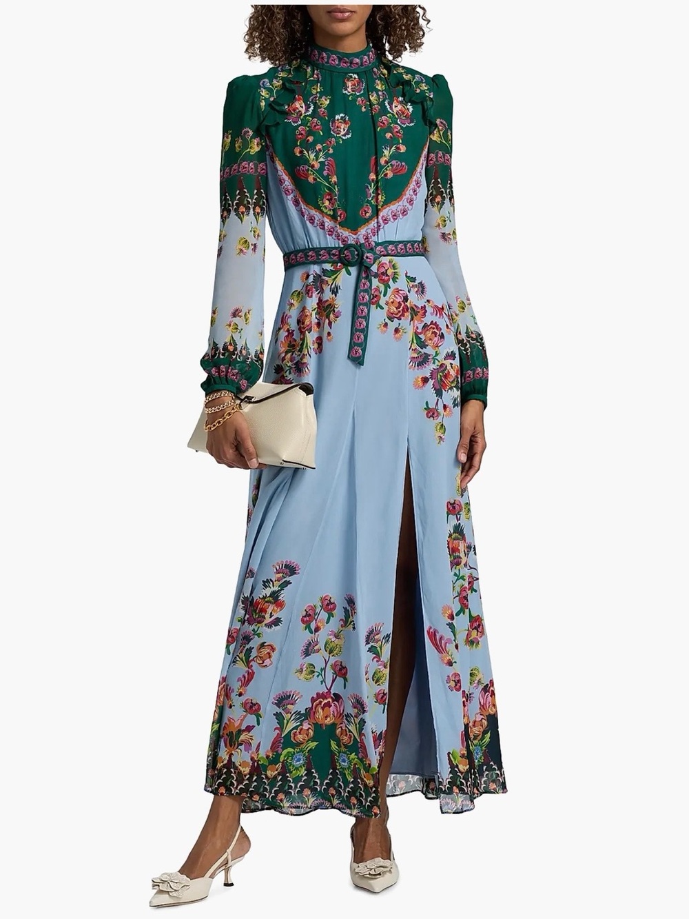 SALONI Two-Tone Floral High-Neck Long Sleeve Maxi Dress in Green and Light Blue - Picture 2 of 6
